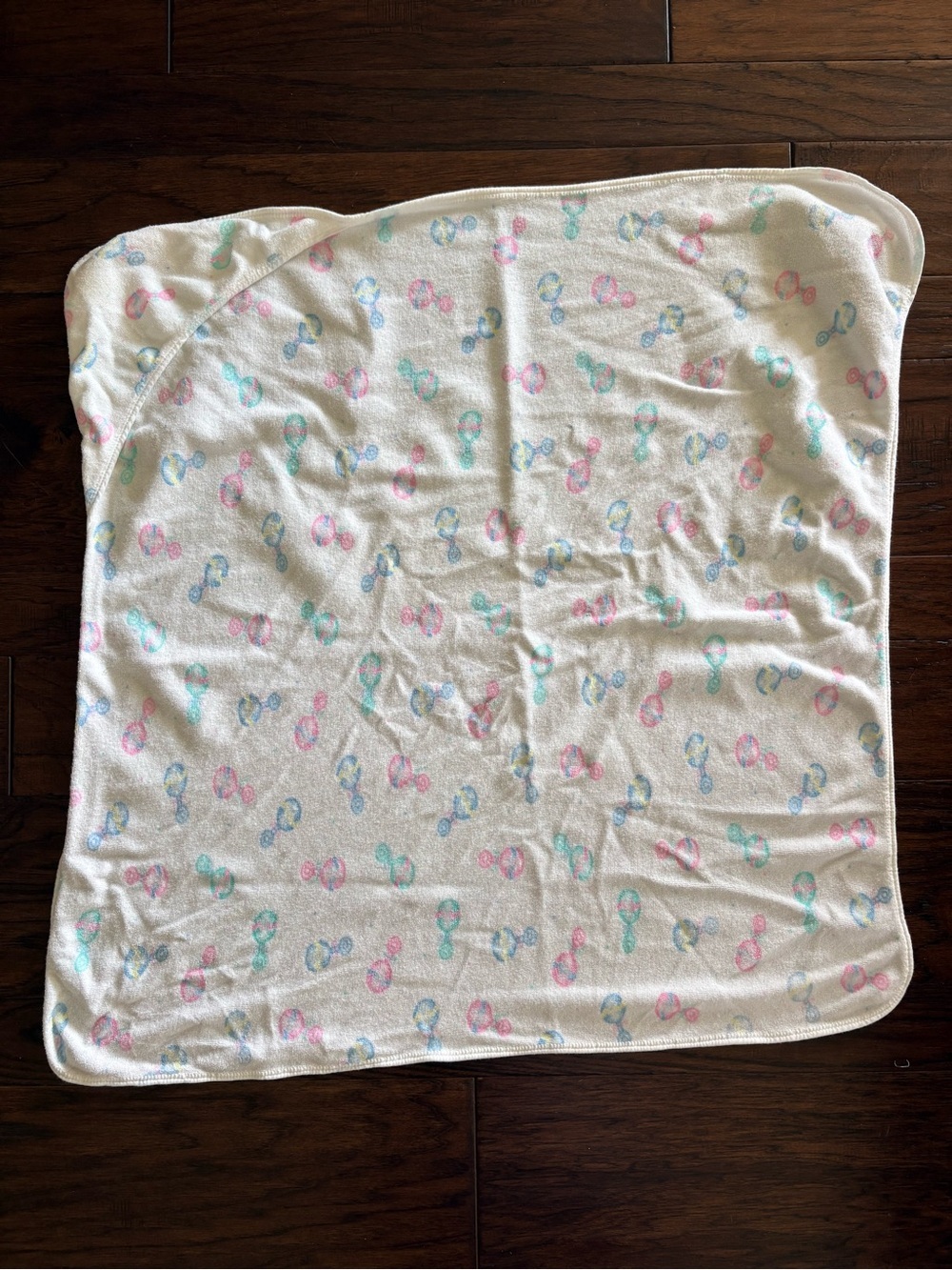 Vintage Carters-style Baby Hooded towel with Pastel Rattle Print